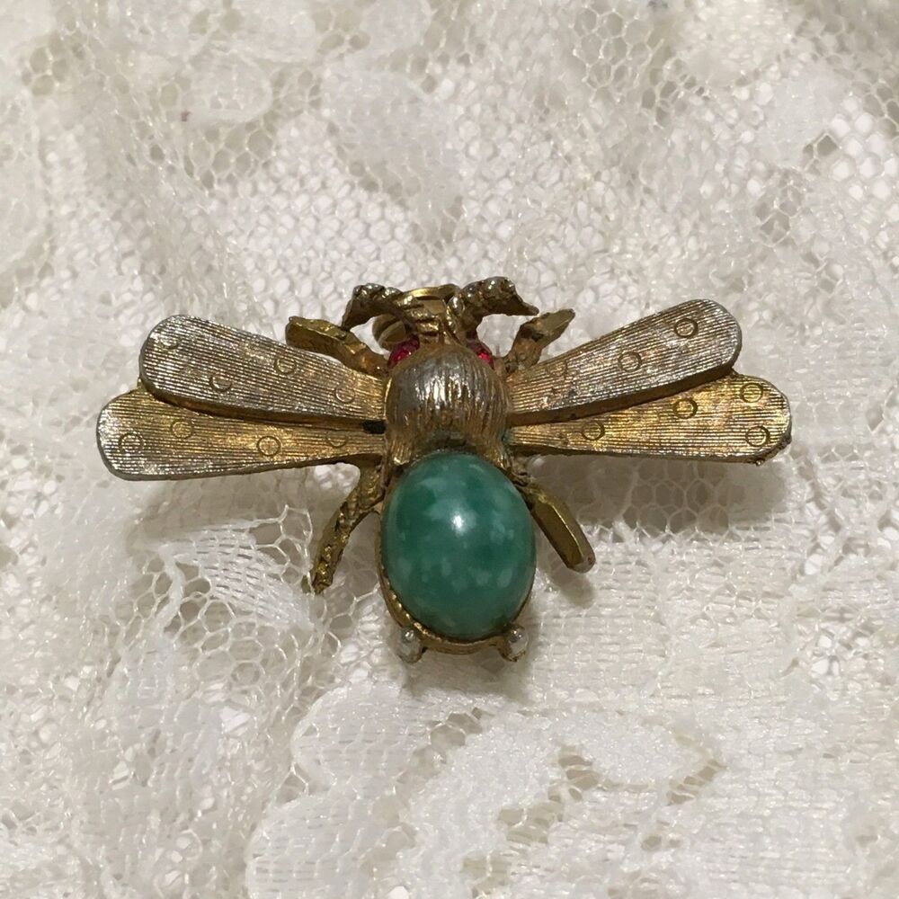 Vintage Bug Fly Brooch Pin Red Rhinestone Eyes Green Inscect Pin